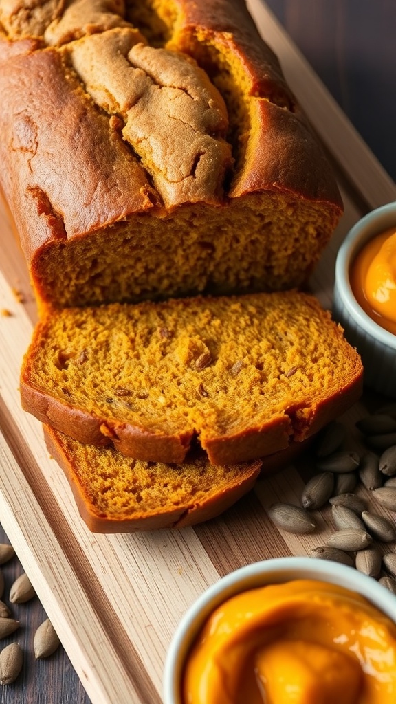 Spiced Pumpkin Bread Recipe A loaf of spiced pumpkin bread sliced on a cutting board, showcasing its moist texture, with pumpkin seeds and puree beside it.